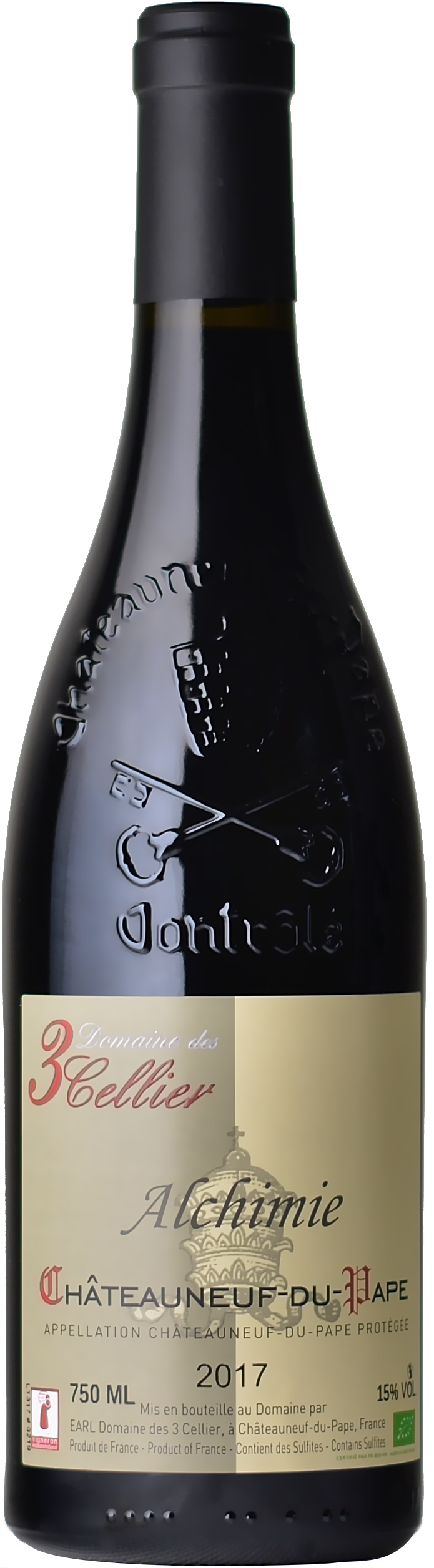 Bouteille de Châteauneuf-du-Pape rouge Alchimie Domaine des 3 Cellier