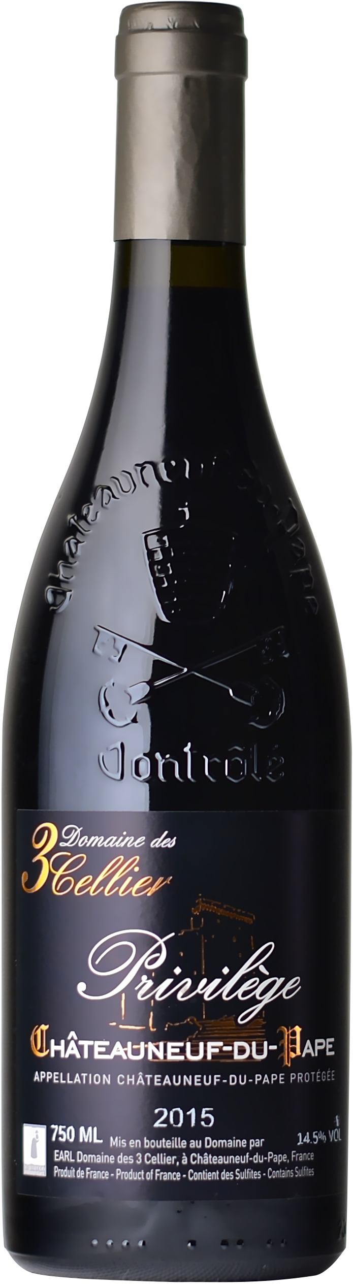 Bouteille de Châteauneuf-du-Pape rouge Privilège Domaine des 3 Cellier